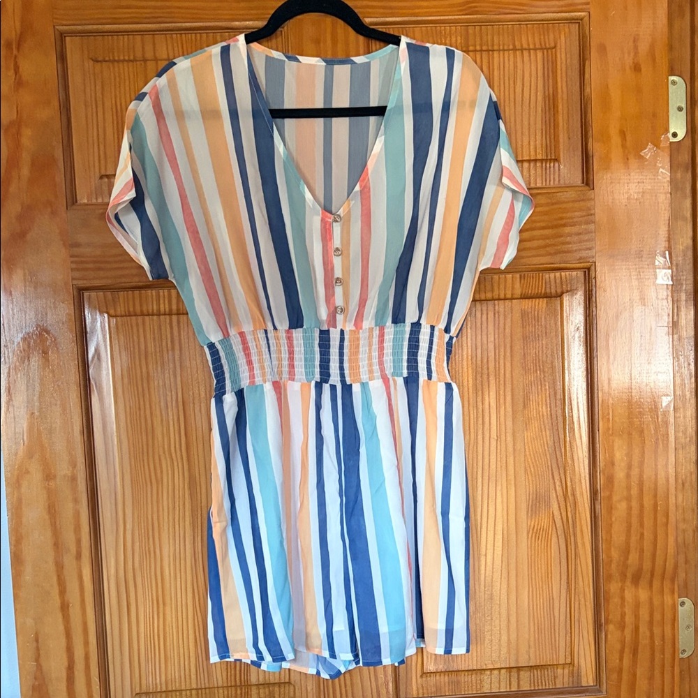 Striped V-Neck Button-Up Dress